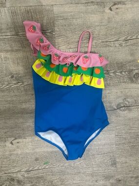 Mini Boden Girls One-Shoulder Swim Suit with Fruit Ruffle aplique 5-6y